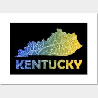 Colorful mandala art map of Kentucky with text in blue and yellow Posters and Art